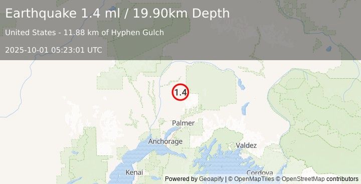 Earthquake 33 km ENE of Susitna North, Alaska (1.4 ml) (2025-10-01 05:23:01 UTC)