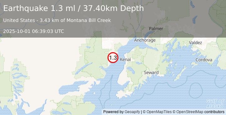 Earthquake 43 km W of Salamatof, Alaska (1.3 ml) (2025-10-01 06:39:03 UTC)