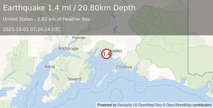 Earthquake 26 km NW of Tatitlek, Alaska (1.4 ml) (2025-10-01 07:24:24 UTC)