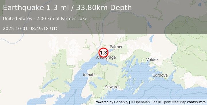 Earthquake 6 km WNW of Point MacKenzie, Alaska (1.3 ml) (2025-10-01 08:49:18 UTC)