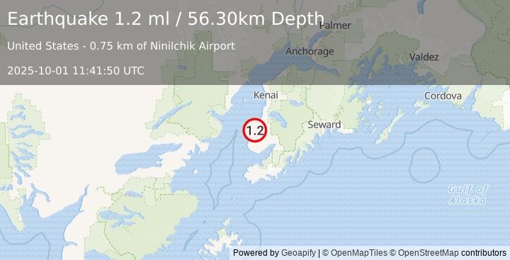 Earthquake 5 km SE of Ninilchik, Alaska (1.2 ml) (2025-10-01 11:41:50 UTC)
