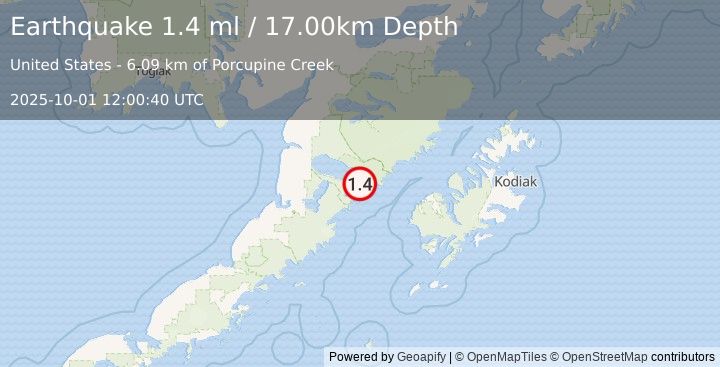 Earthquake 84 km WNW of Karluk, Alaska (1.4 ml) (2025-10-01 12:00:40 UTC)