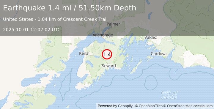 Earthquake 11 km WNW of Moose Pass, Alaska (1.4 ml) (2025-10-01 12:02:02 UTC)