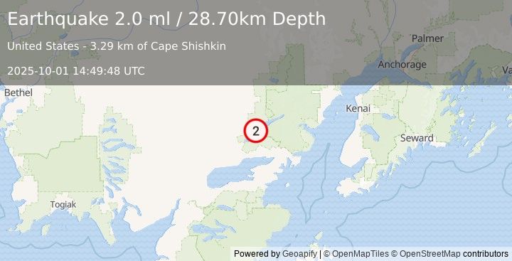 Earthquake 5 km WNW of Port Alsworth, Alaska (2.0 ml) (2025-10-01 14:49:48 UTC)
