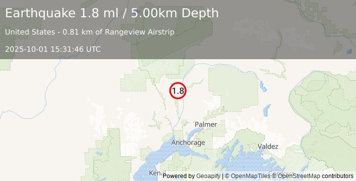 Earthquake 6 km W of Trapper Creek, Alaska (1.8 ml) (2025-10-01 15:31:46 UTC)