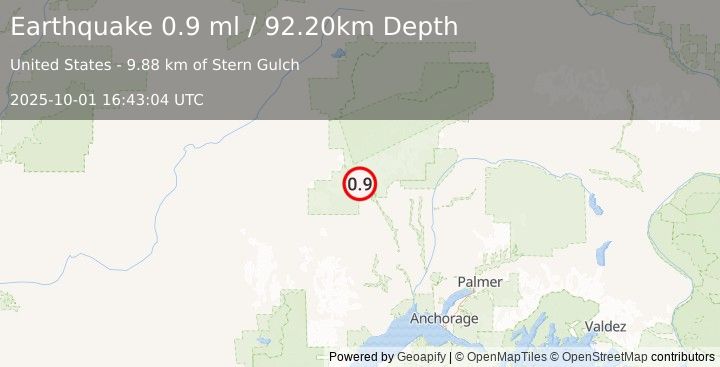 Earthquake 51 km WNW of Petersville, Alaska (0.9 ml) (2025-10-01 16:43:04 UTC)