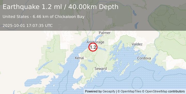 Earthquake 25 km SSW of Anchorage, Alaska (1.2 ml) (2025-10-01 17:07:35 UTC)