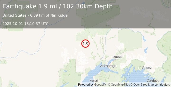 Earthquake 38 km NW of Skwentna, Alaska (1.9 ml) (2025-10-01 18:10:37 UTC)