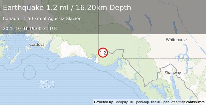 Earthquake 93 km NW of Yakutat, Alaska (1.2 ml) (2025-10-01 19:00:31 UTC)