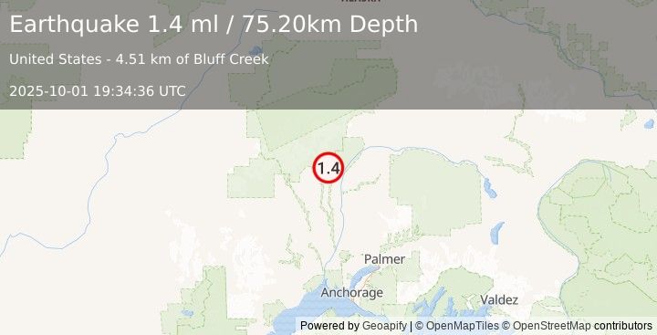 Earthquake 21 km NE of Petersville, Alaska (1.4 ml) (2025-10-01 19:34:36 UTC)