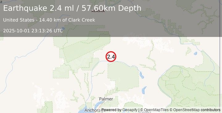Earthquake 44 km SSE of Cantwell, Alaska (2.4 ml) (2025-10-01 23:13:26 UTC)
