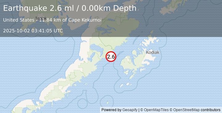 Earthquake 55 km W of Karluk, Alaska (2.6 ml) (2025-10-02 03:41:05 UTC)