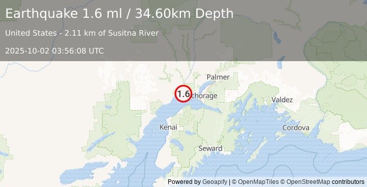 Earthquake 28 km ENE of Beluga, Alaska (1.6 ml) (2025-10-02 03:56:08 UTC)