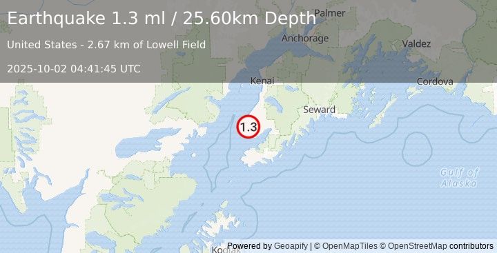 Earthquake 5 km WNW of Nikolaevsk, Alaska (1.3 ml) (2025-10-02 04:41:45 UTC)