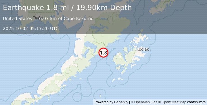 Earthquake 57 km W of Karluk, Alaska (1.8 ml) (2025-10-02 05:17:20 UTC)