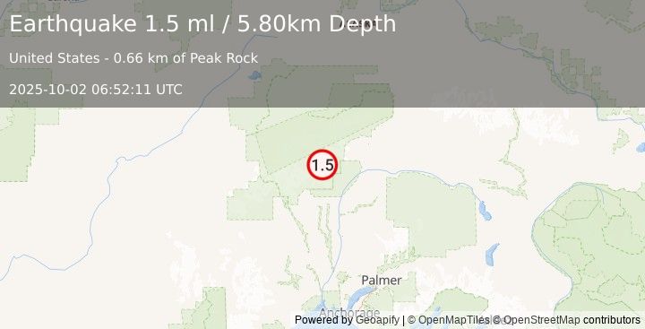 Earthquake 47 km NNE of Petersville, Alaska (1.5 ml) (2025-10-02 06:52:11 UTC)