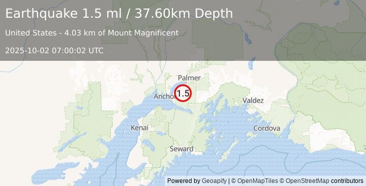 Earthquake 11 km ESE of Eagle River, Alaska (1.7 ml) (2025-10-02 07:00:03 UTC)