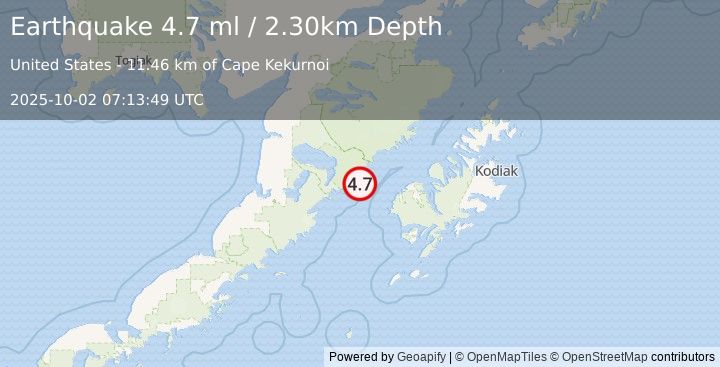 Earthquake 56 km W of Karluk, Alaska (4.7 ml) (2025-10-02 07:13:49 UTC)