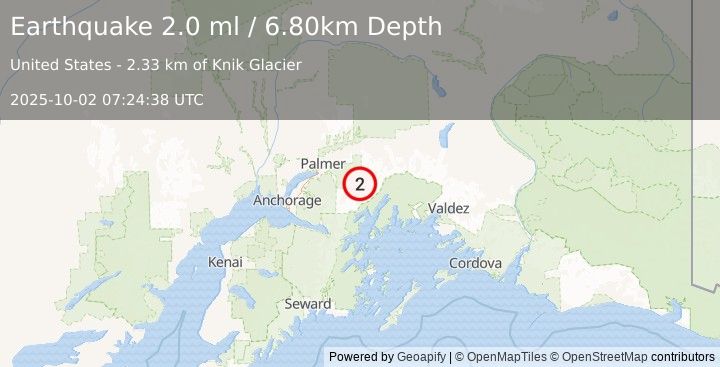 Earthquake 33 km ESE of Knik River, Alaska (2.0 ml) (2025-10-02 07:24:38 UTC)