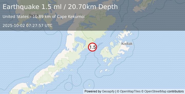 Earthquake 53 km W of Karluk, Alaska (1.5 ml) (2025-10-02 07:27:57 UTC)