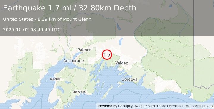 Earthquake 43 km SSE of Glacier View, Alaska (1.7 ml) (2025-10-02 08:49:45 UTC)