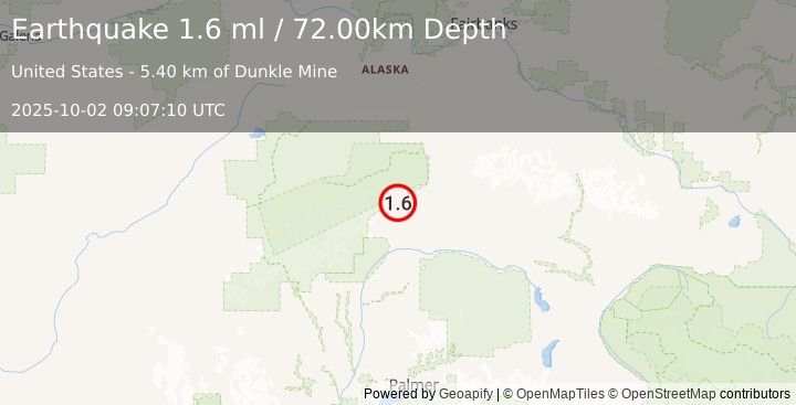 Earthquake 26 km WSW of Cantwell, Alaska (1.6 ml) (2025-10-02 09:07:10 UTC)