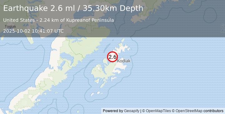 Earthquake 19 km WNW of Port Lions, Alaska (2.6 ml) (2025-10-02 10:41:07 UTC)
