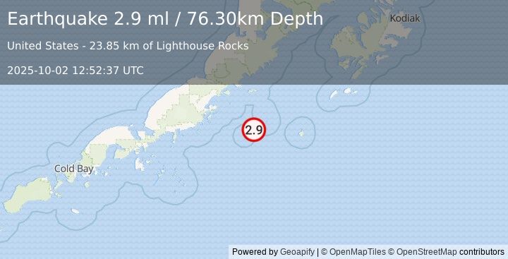 Earthquake 92 km ESE of Chignik, Alaska (2.9 ml) (2025-10-02 12:52:37 UTC)