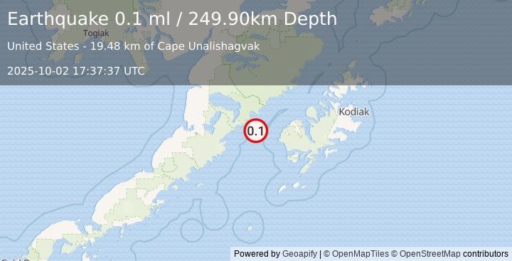 Earthquake 59 km W of Karluk, Alaska (0.1 ml) (2025-10-02 17:37:37 UTC)