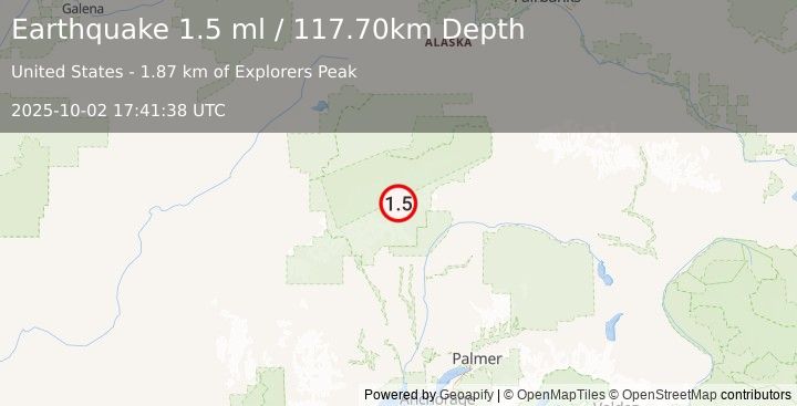Earthquake 59 km N of Petersville, Alaska (1.5 ml) (2025-10-02 17:41:38 UTC)