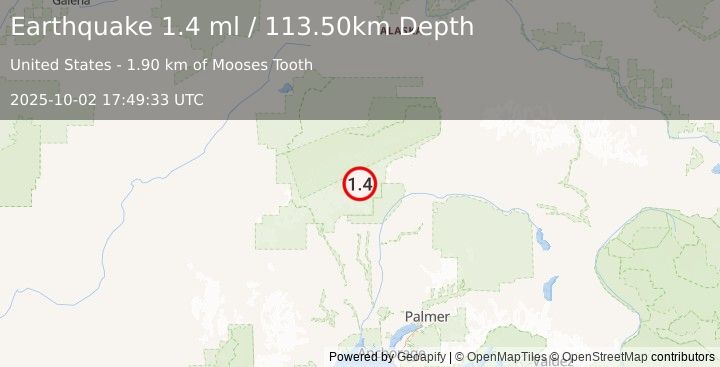 Earthquake 52 km N of Petersville, Alaska (1.4 ml) (2025-10-02 17:49:33 UTC)