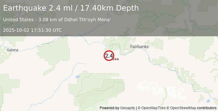 Earthquake 38 km W of Four Mile Road, Alaska (2.4 ml) (2025-10-02 17:51:30 UTC)