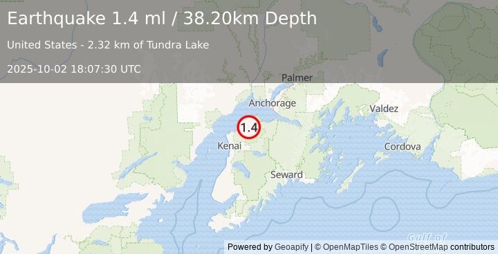 Earthquake 9 km SSE of Point Possession, Alaska (1.4 ml) (2025-10-02 18:07:30 UTC)