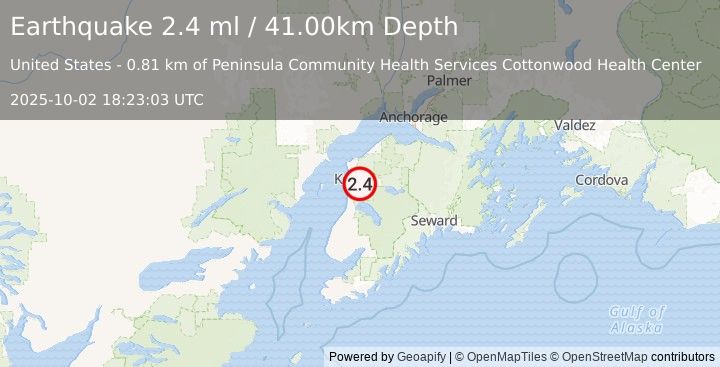 Earthquake 1 km NNW of Soldotna, Alaska (2.4 ml) (2025-10-02 18:23:03 UTC)