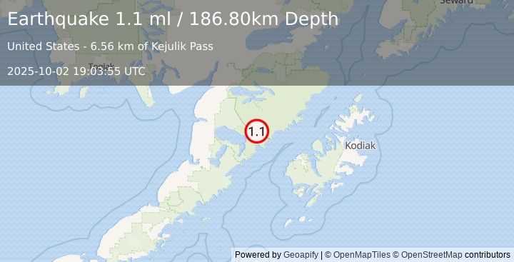 Earthquake 83 km NW of Karluk, Alaska (1.1 ml) (2025-10-02 19:03:55 UTC)