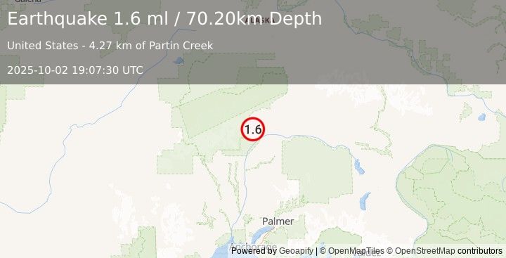 Earthquake 55 km N of Chase, Alaska (1.6 ml) (2025-10-02 19:07:30 UTC)