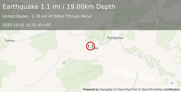 Earthquake 36 km WSW of Four Mile Road, Alaska (1.1 ml) (2025-10-02 21:31:45 UTC)