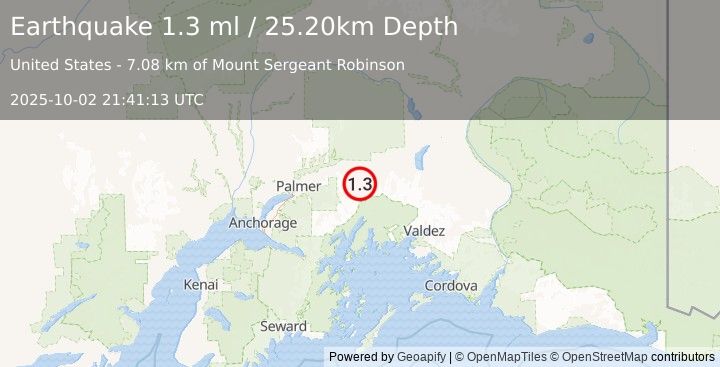 Earthquake 21 km SSW of Glacier View, Alaska (1.3 ml) (2025-10-02 21:41:13 UTC)