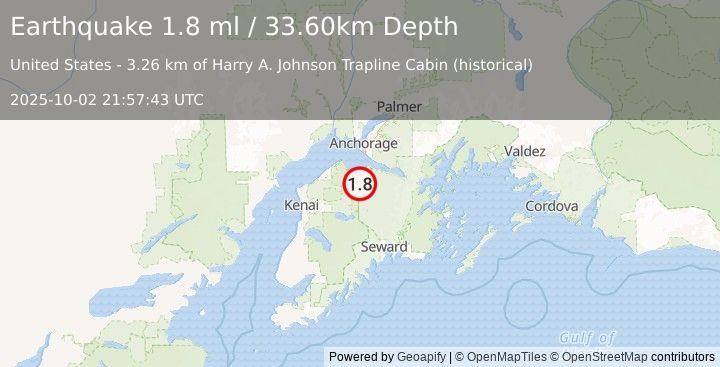 Earthquake 23 km SW of Hope, Alaska (1.8 ml) (2025-10-02 21:57:43 UTC)