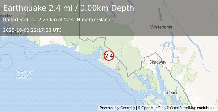 Earthquake 51 km ENE of Yakutat, Alaska (2.4 ml) (2025-10-02 22:17:33 UTC)