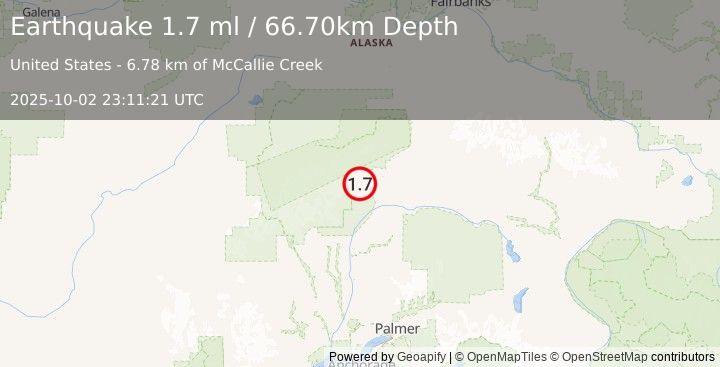 Earthquake 60 km SW of Cantwell, Alaska (1.7 ml) (2025-10-02 23:11:21 UTC)