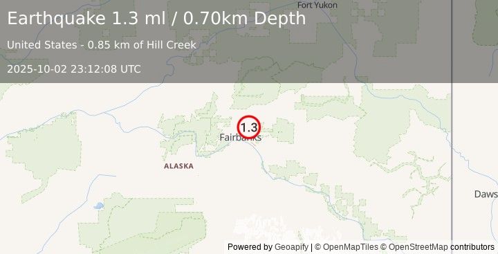 Earthquake 8 km E of Fox, Alaska (1.3 ml) (2025-10-02 23:12:08 UTC)