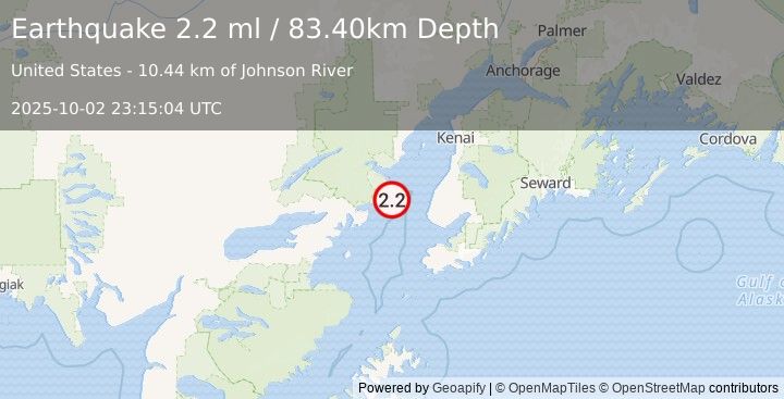 Earthquake 43 km WNW of Anchor Point, Alaska (2.2 ml) (2025-10-02 23:15:04 UTC)