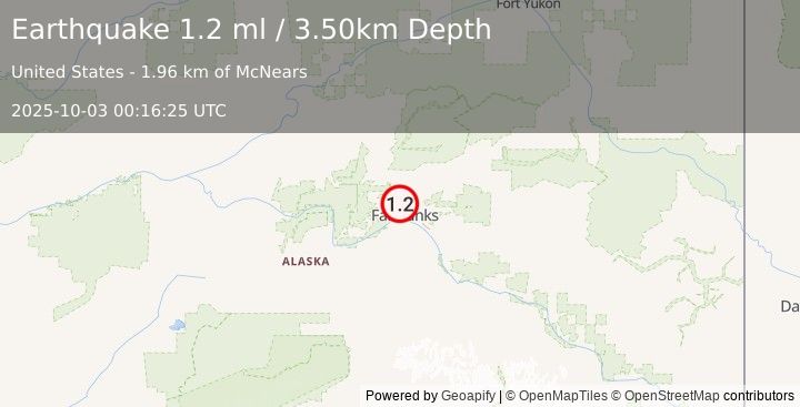 Earthquake 6 km WNW of Farmers Loop, Alaska (1.2 ml) (2025-10-03 00:16:25 UTC)