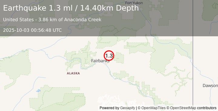 Earthquake 13 km N of Two Rivers, Alaska (1.3 ml) (2025-10-03 00:56:48 UTC)