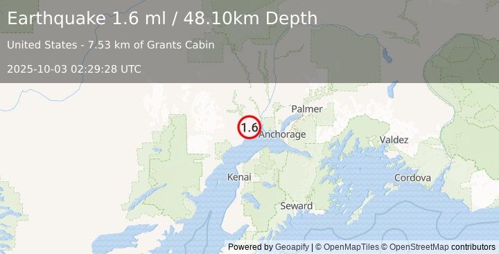 Earthquake 21 km NNE of Beluga, Alaska (1.6 ml) (2025-10-03 02:29:27 UTC)