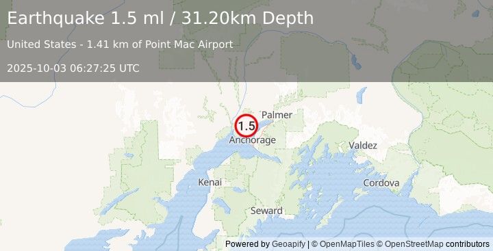 Earthquake 10 km NW of Point MacKenzie, Alaska (1.5 ml) (2025-10-03 06:27:25 UTC)
