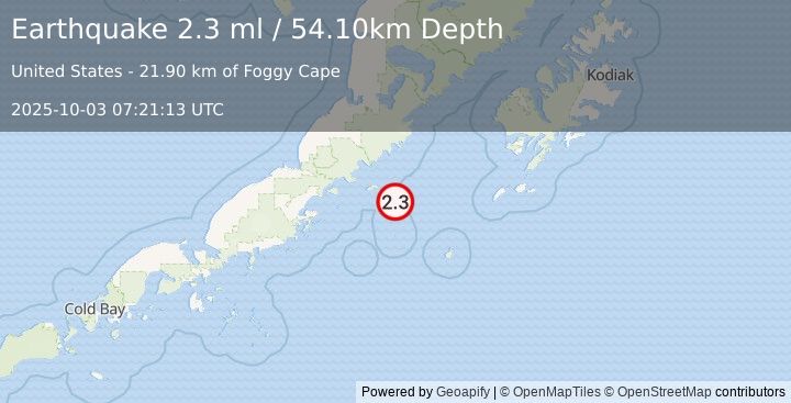 Earthquake 106 km E of Chignik, Alaska (2.3 ml) (2025-10-03 07:21:13 UTC)