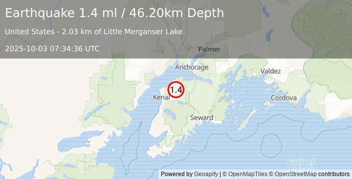 Earthquake 22 km NNE of Sterling, Alaska (1.4 ml) (2025-10-03 07:34:36 UTC)