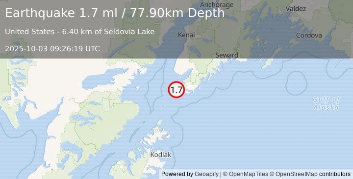 Earthquake 8 km ESE of Port Graham, Alaska (1.7 ml) (2025-10-03 09:26:19 UTC)